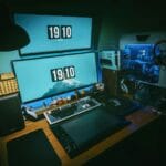 Dwumonitorowe stanowisko gracza MMORPG w przyciemnionym domowym biurze